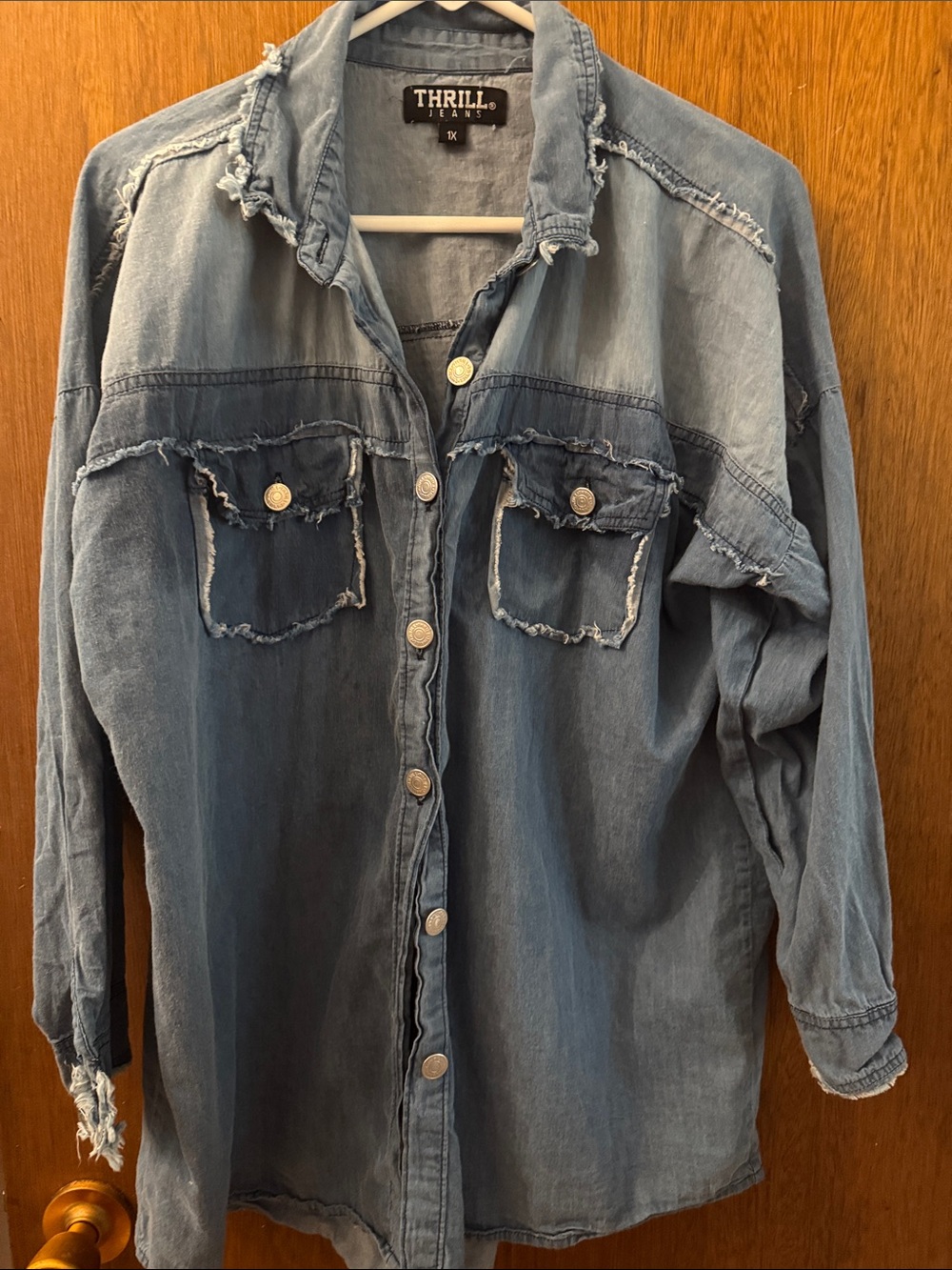 Thrill Distressed Two-Tone Denim Button-Down Shirt